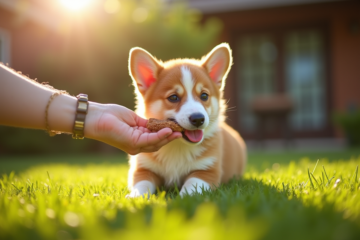Jeune chiot corgi récompensé dans le jardin ensoleille