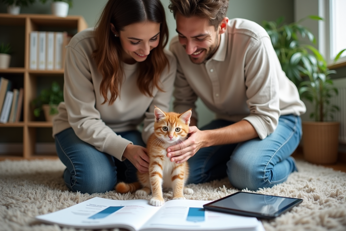Jeune couple avec un chaton dans le salon cosy