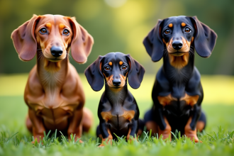 Miniature dapple dachshund assis dans l'herbe avec deux autres teckels