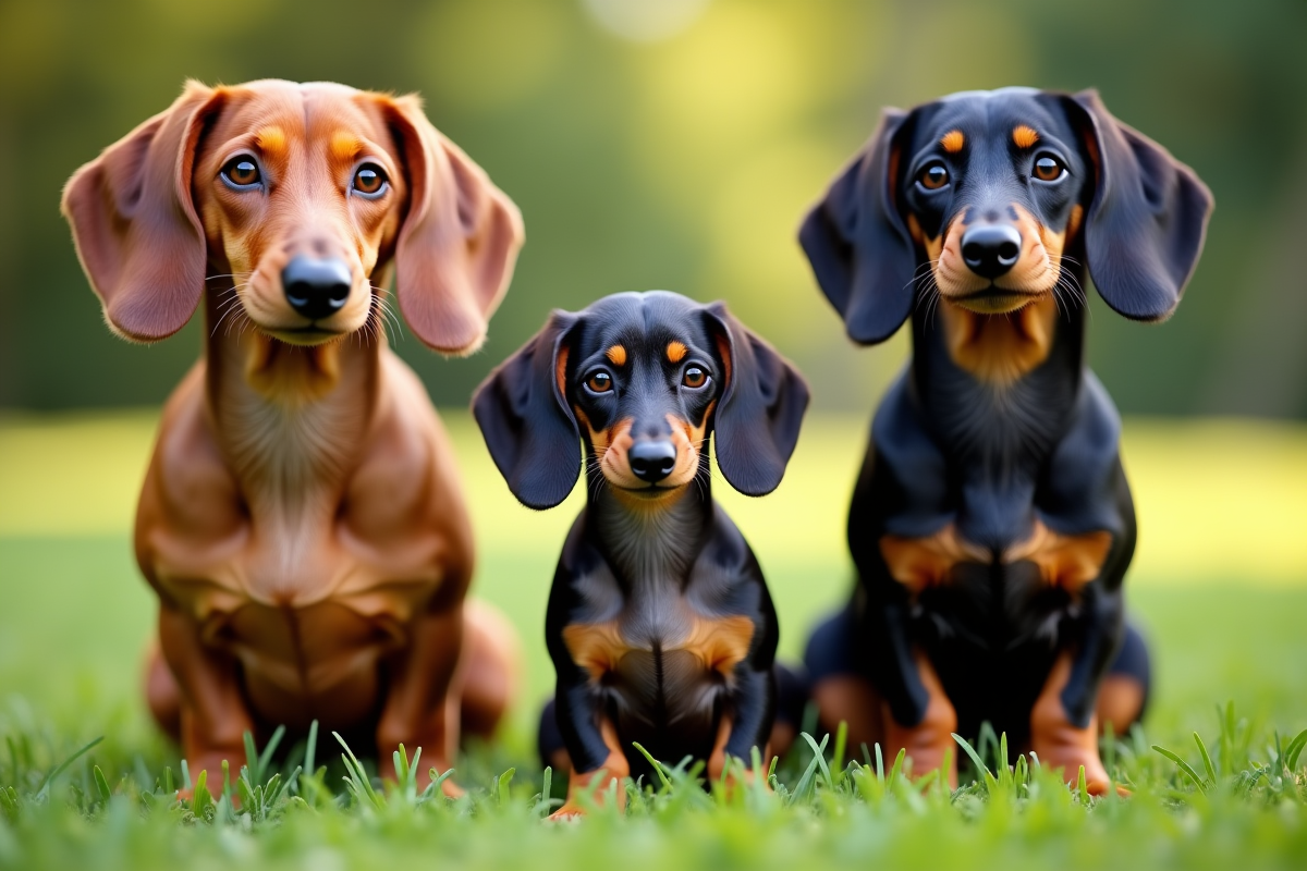 Miniature dapple dachshund assis dans l'herbe avec deux autres teckels