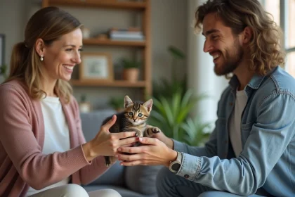 Femme française donnant un chaton à un jeune couple dans un salon chaleureux