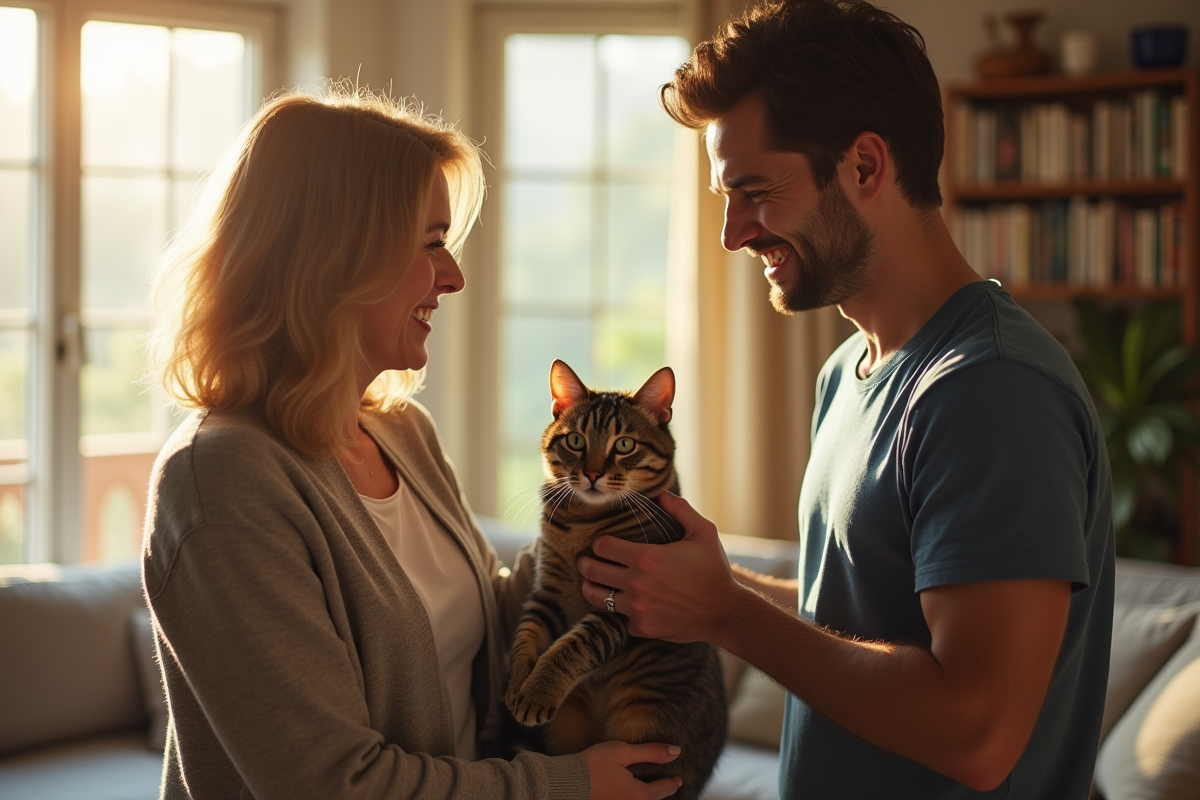 Femme donnant un chat tacheté à un jeune homme dans un salon lumineux
