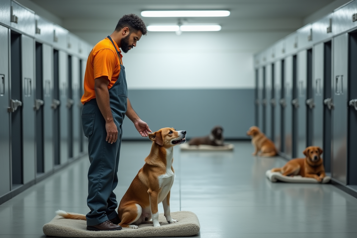 Employe de chenil caressant un chien dans la salle