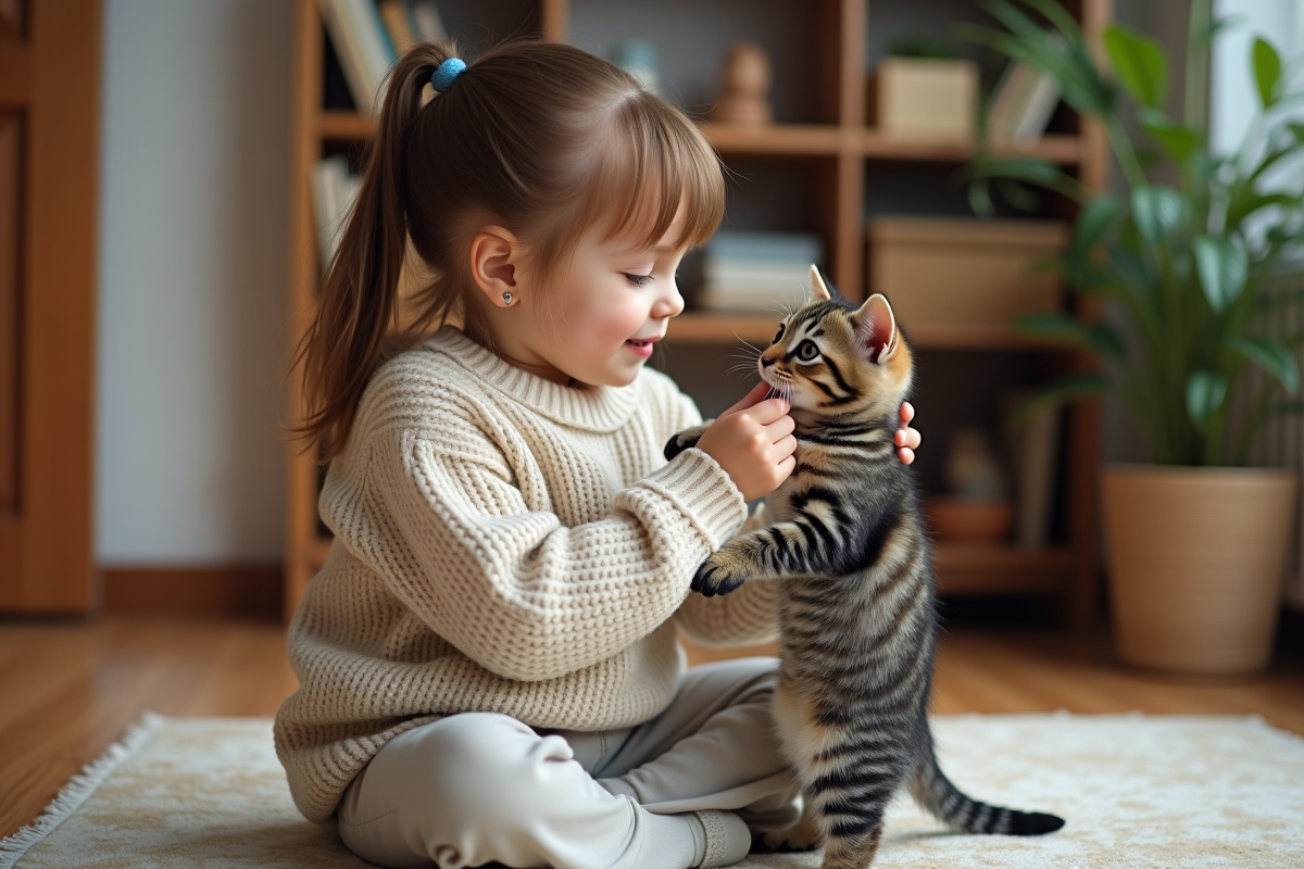 Enfant tenant un chaton dans un salon chaleureux