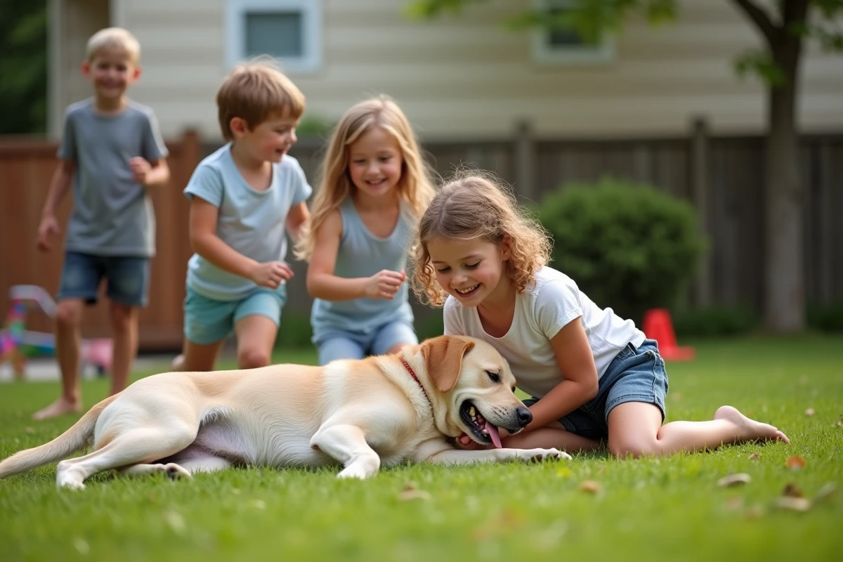 Enfants jouant avec chien dans le jardin