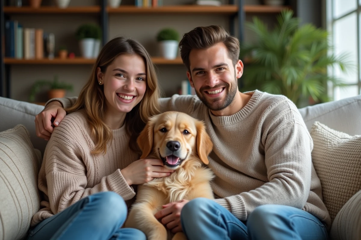 Famille souriante avec chien dans un salon chaleureux
