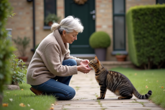 Femme d'âge moyen caressant un chat dans son jardin