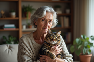 Femme en homewear tenant son chat agite dans un salon chaleureux