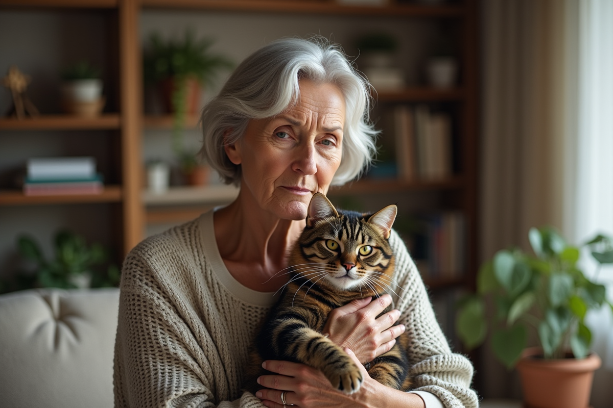Femme en homewear tenant son chat agite dans un salon chaleureux