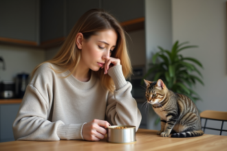 Femme examine une boîte de nourriture pour chat avec un chat à ses côtés