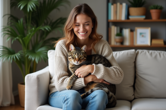 Femme souriante avec un chat tabby dans un salon cosy