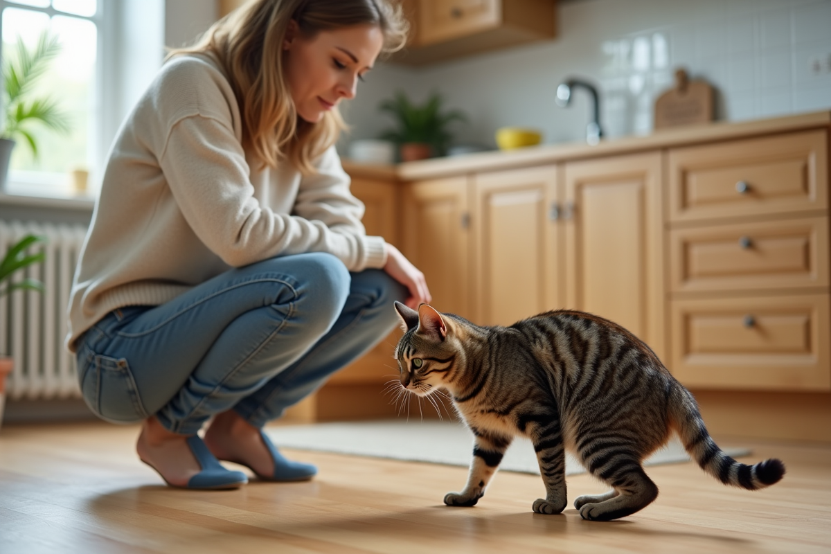 Femme et chat tabby sur le sol de la cuisine lumineuse