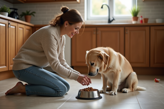 Femme avec chien senior dans la cuisine souriant