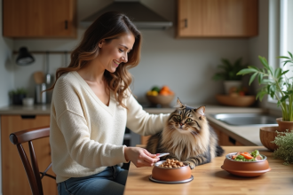 Jeune femme caressant un chat Maine coon dans la cuisine