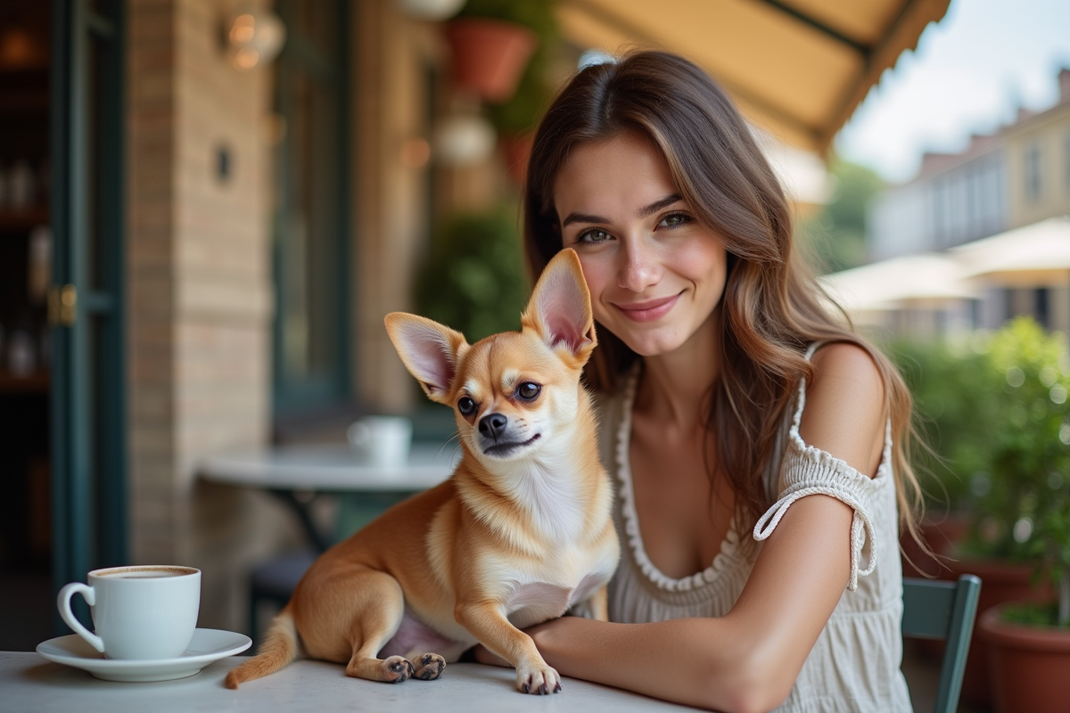 Jeune femme tenant un chiot dans un café en plein air