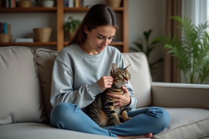 Jeune femme caressant un chat sur ses genoux dans un salon chaleureux