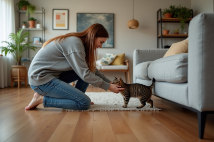 Jeune femme caressant un chat dans un salon chaleureux