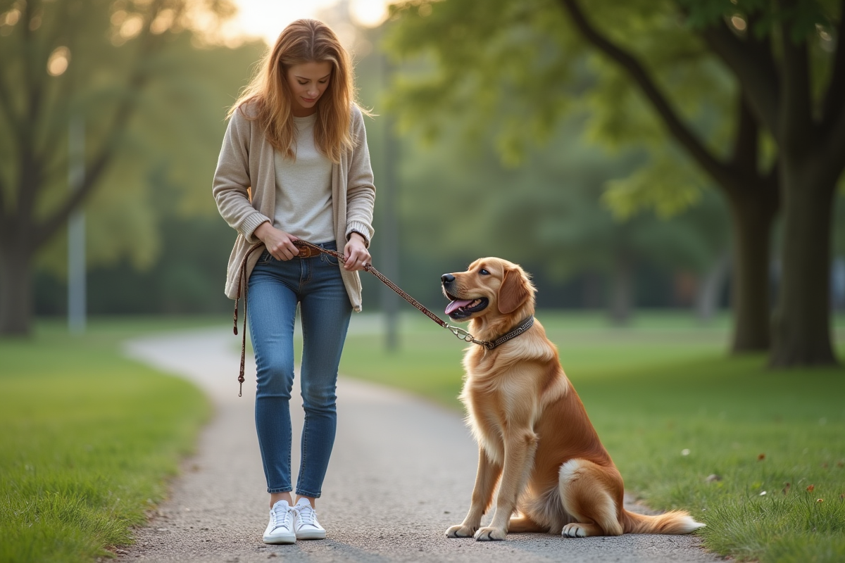 Femme avec chien dans un parc urbain calme