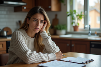 Femme préoccupée examinant des documents à la maison