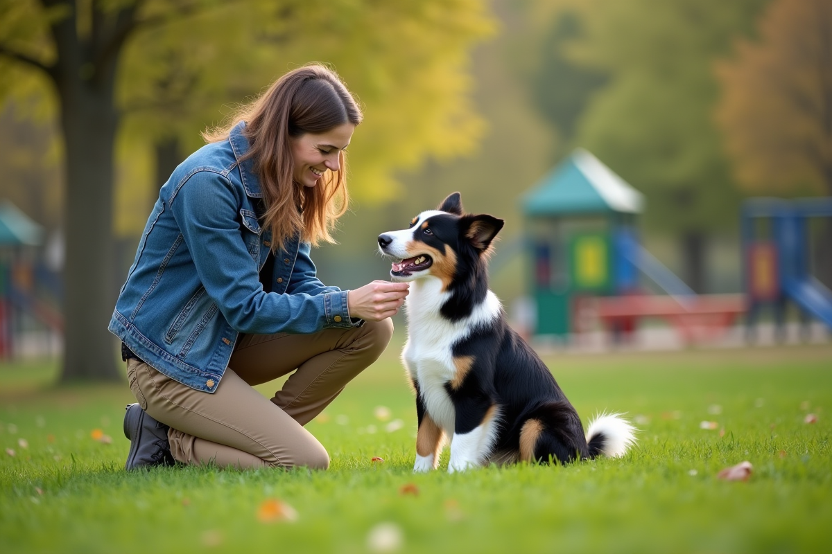 Femme en plein air guide un chien dans un parc verdoyant