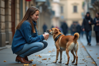 Jeune femme offrant de l'eau à un chien errant dans une rue urbaine