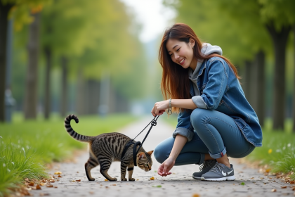 Jeune femme avec son chat en parc urbain tranquille