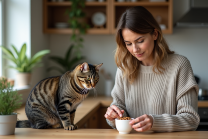 Femme mesurant du croquettes pour son chat dans la cuisine