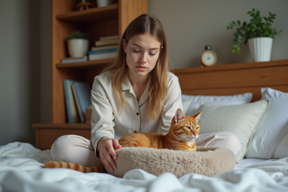 Jeune femme en pyjama posant son chat sur un lit
