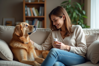 Femme réconfortant son chien golden retriever à la maison