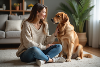 Femme assise avec son chien retriever dans un intérieur chaleureux