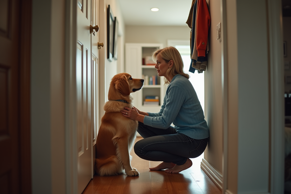 Femme caressant un retriever dans un couloir chaleureux