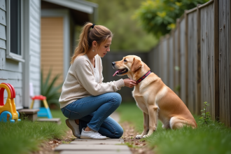 Femme en jeans avec un retriever à l'entrée d'une maison