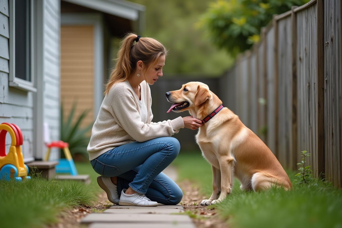 Femme en jeans avec un retriever à l'entrée d'une maison
