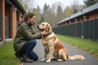 Femme caressant son retriever devant le chenil moderne
