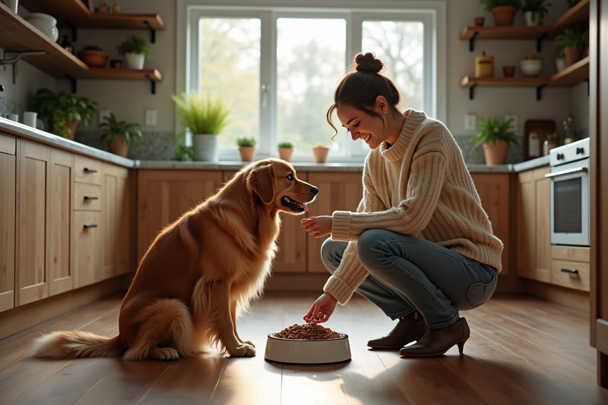 Femme souriante avec son retriever dans une cuisine chaleureuse