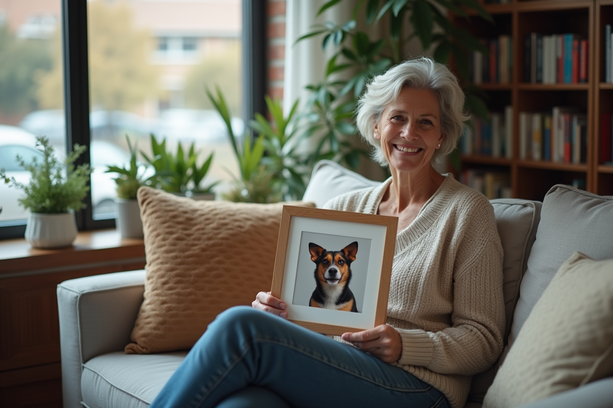 Femme méditant avec photo de son chien dans un salon chaleureux