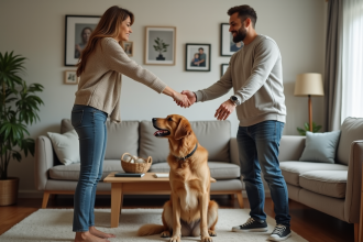 Femme saluant un jeune couple avec chien dans salon chaleureux