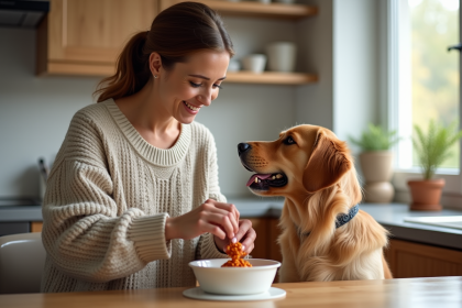 Femme souriante servant pâtée à son chien dans la cuisine