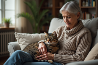 Femme caressant un chat triste sur son fauteuil