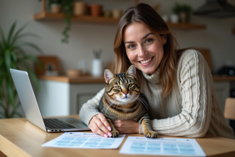 Femme souriante avec son chat dans la cuisine lumineuse