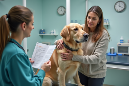Femme caressant son chien lors d'une consultation vétérinaire