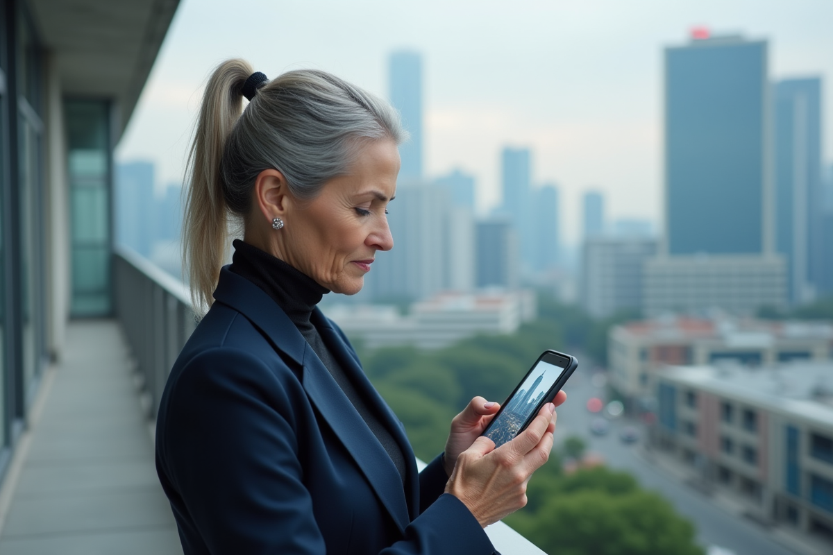 Femme mature observant la skyline urbaine avec son smartphone