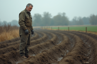 Fermeur en champs argileux inspectant des traces de sangliers