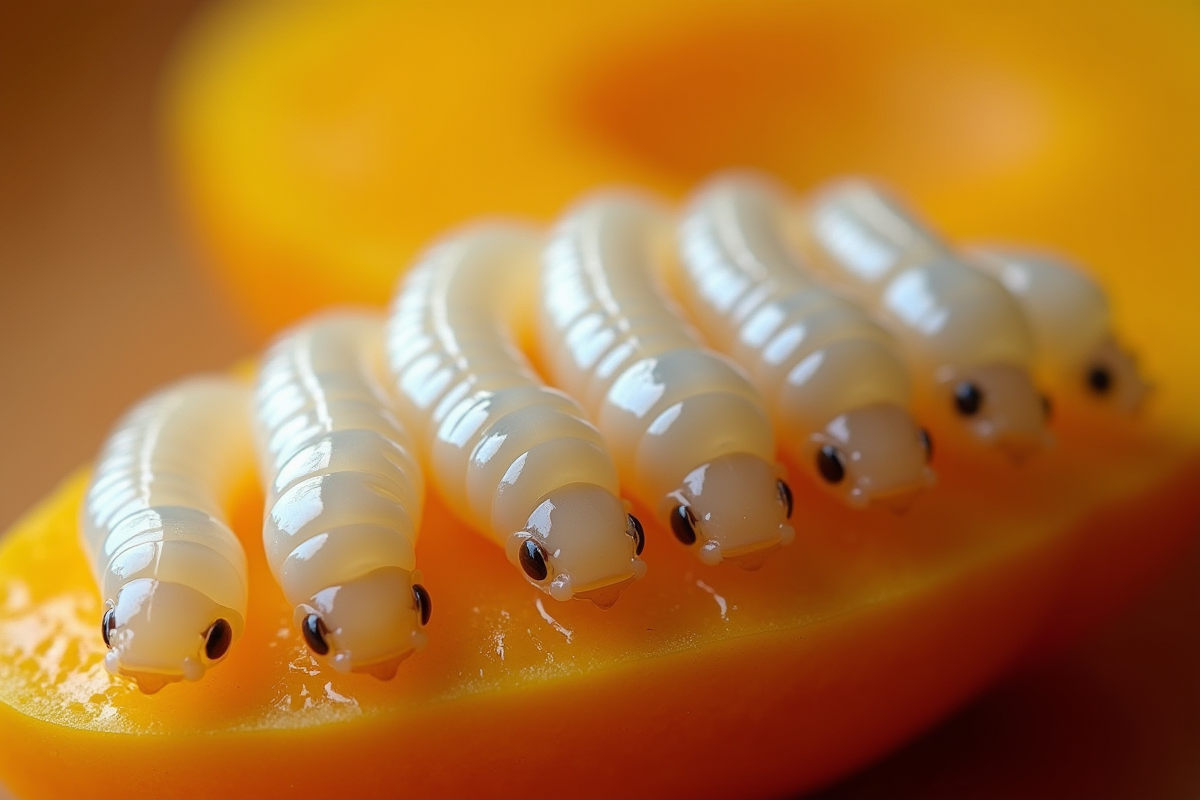 Groupe de vers blancs sur fruit en décomposition
