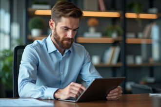 Jeune homme d'affaires regardant des graphiques sur une tablette