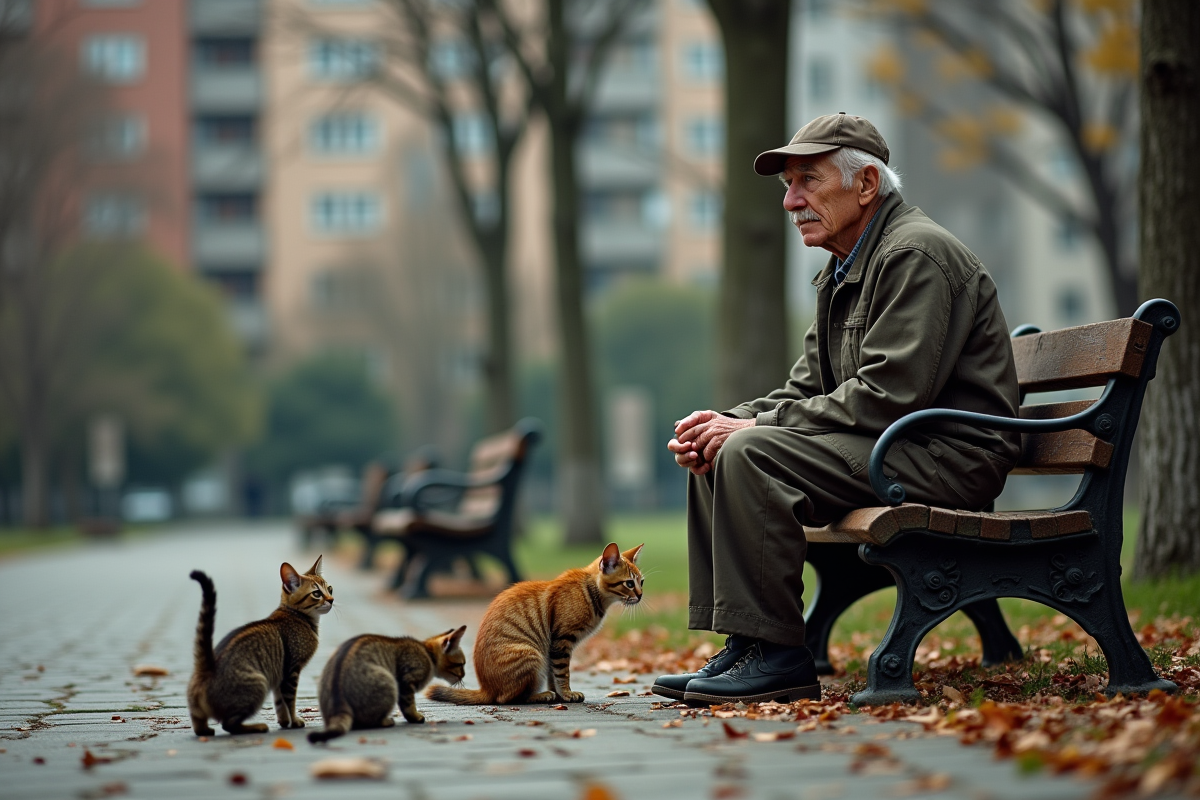 Homme âgé assis sur un banc avec des chats dans un parc urbain