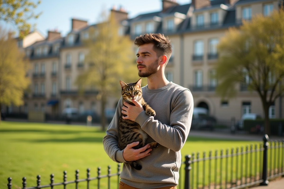 Jeune homme avec chat dans parc parisien ensoleille