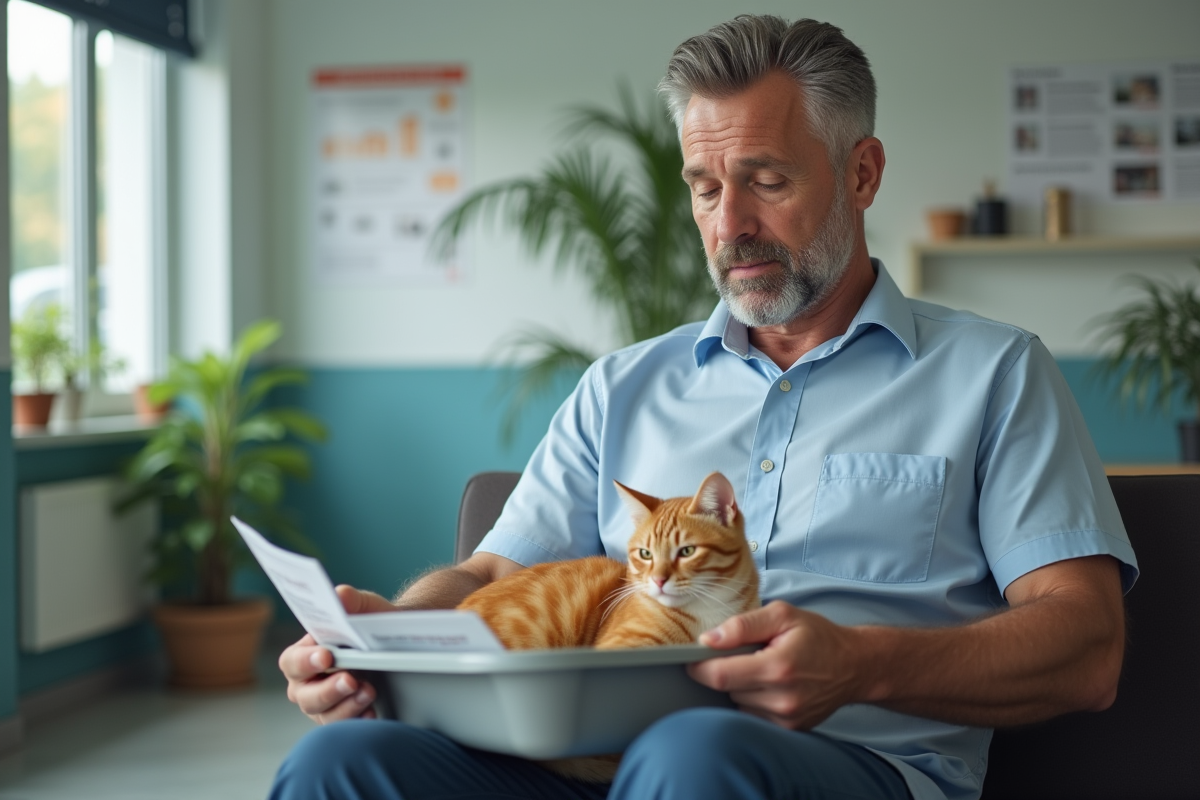 Homme regardant brochures avec un chat dans une clinique vétérinaire