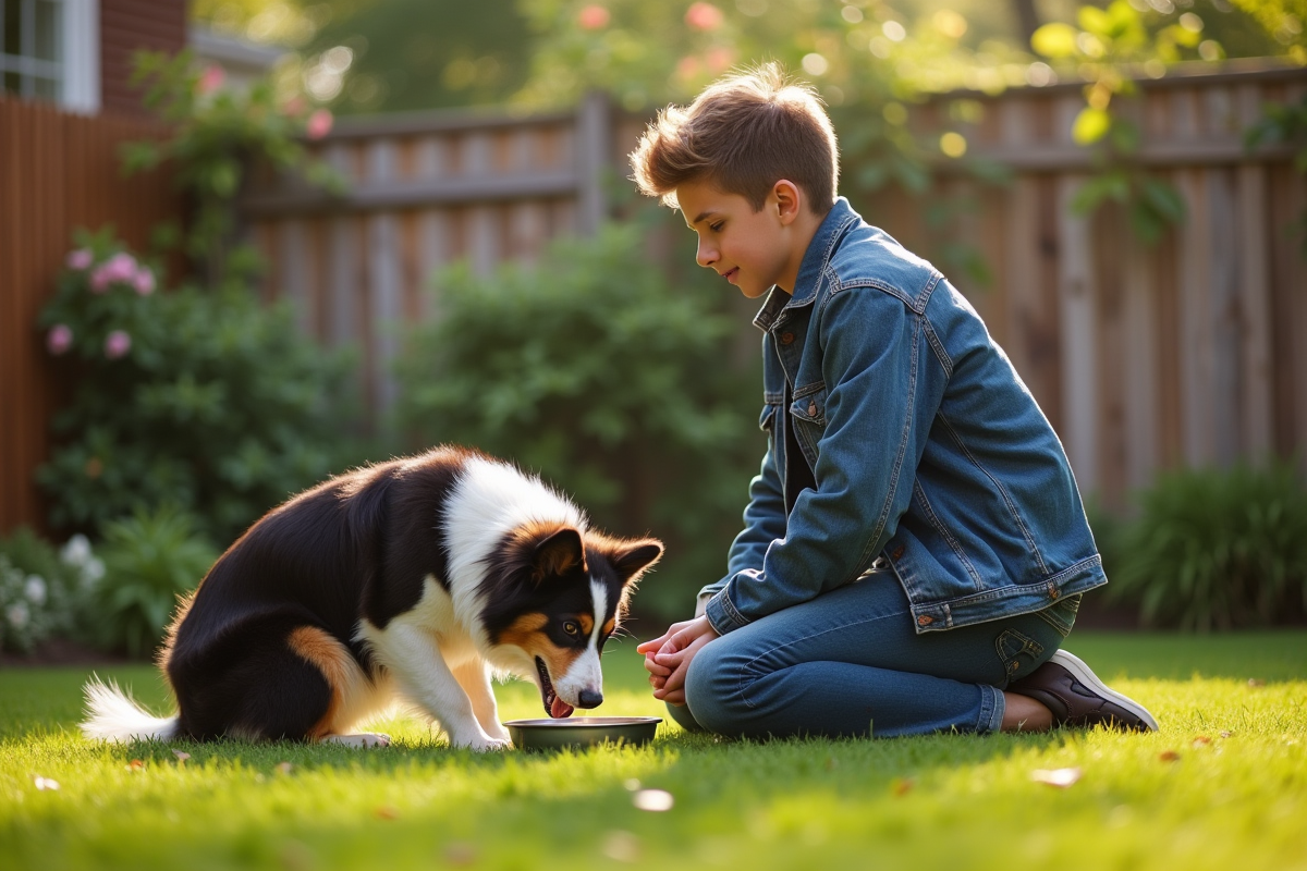Jeune homme avec son border collie dans le jardin