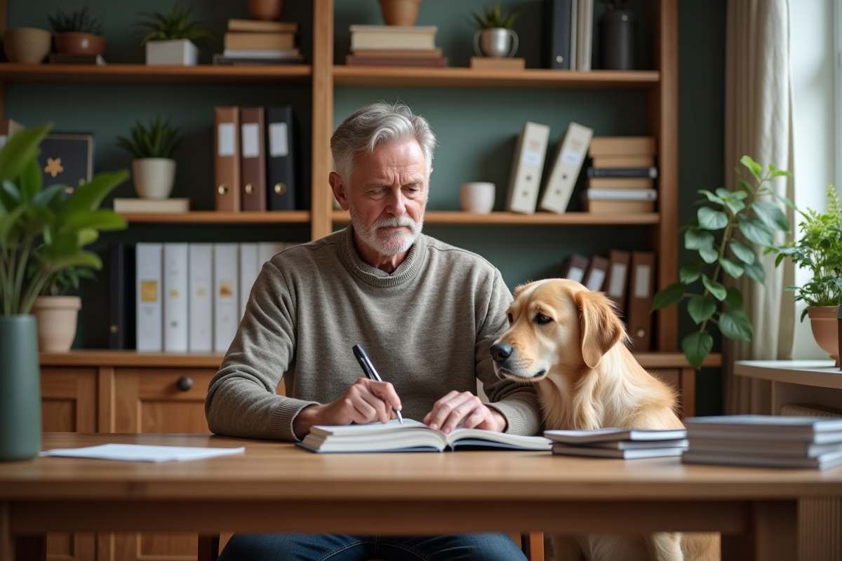 Homme lit des livres de dressage chien dans un bureau cosy